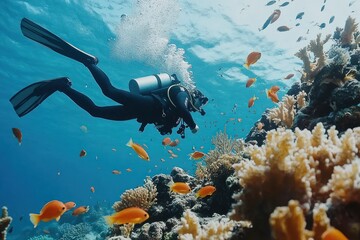 Fototapeta premium Scuba Diver Exploring Coral Reef