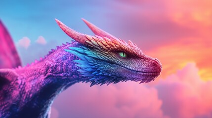 Impressive dragon with vibrant colors soaring against a vivid sunset, showcasing a majestic and mythical creature.