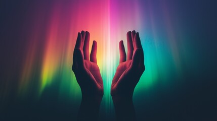 Two hands reaching towards colorful light beams, symbolizing hope, connection, and creativity in a vibrant atmosphere.