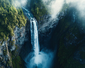 aerial view of majestic waterfall cascading down lush green cliffs in a misty mountain forest