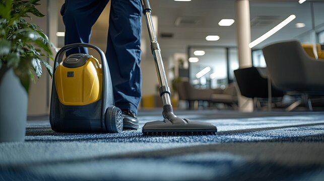 A yellow and black vacuum cleaner used to clean a blue carpet in an office building - Powered by Adobe