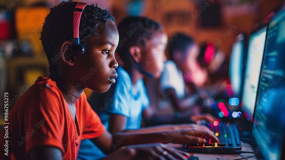 Poster young children at a desk with focused expressions looking at computer screens for representing digit