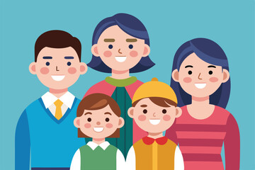 A cheerful family of five poses closely, showcasing diverse expressions and styles in a vibrant setting, Customizable flat illustration of a family.