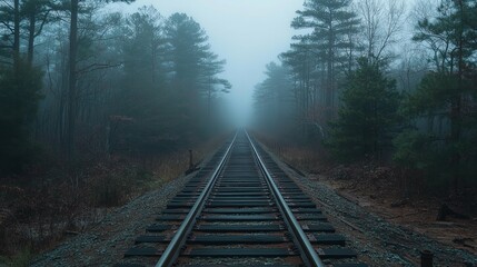 Fototapeta premium Railroad Tracks Disappearing into a Misty Forest