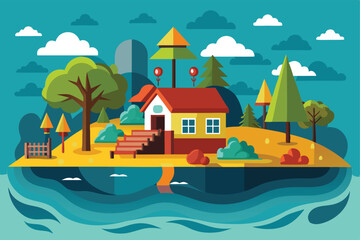 A house on an island is partially submerged in water with surrounding trees under a bright sky, Customizable flat illustration of a flood.