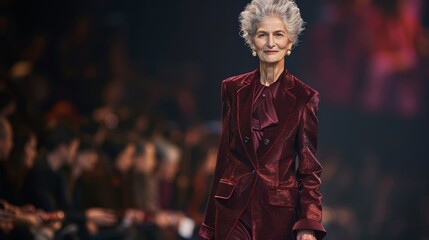 Senior woman in a tailor-made pantsuit, breaking age stereotypes on the runway