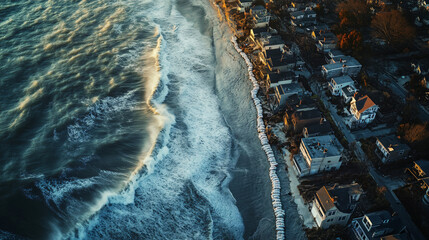 aerial view of storm surge and coastal flooding with homes near the ocean