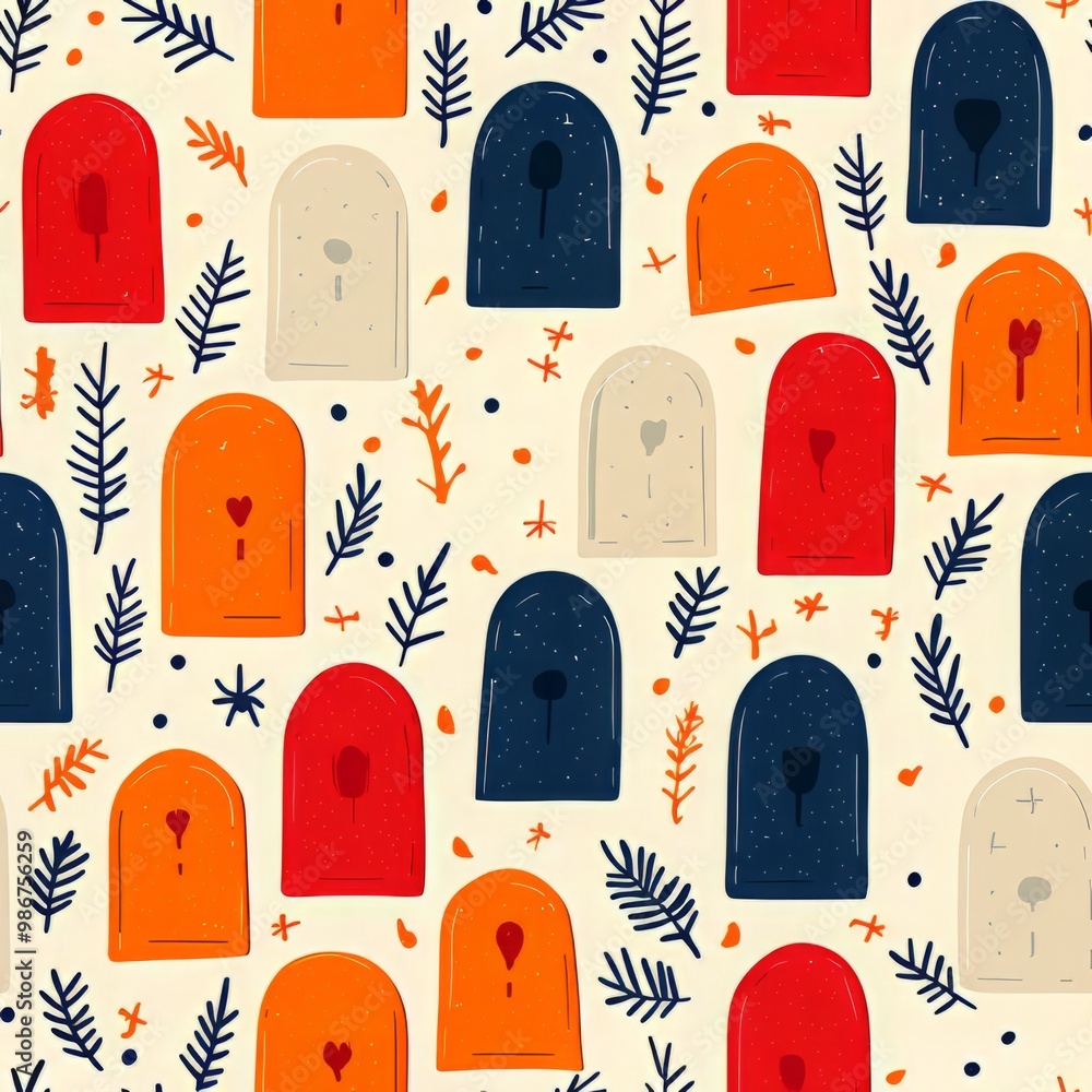 Aufkleber a colorful seamless, pattern featuring various door shapes, perfect for backgrounds or design projec