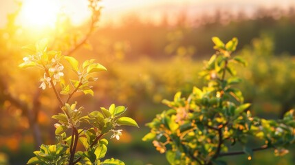 Blossoming young fruit trees with hail protection during the spring season