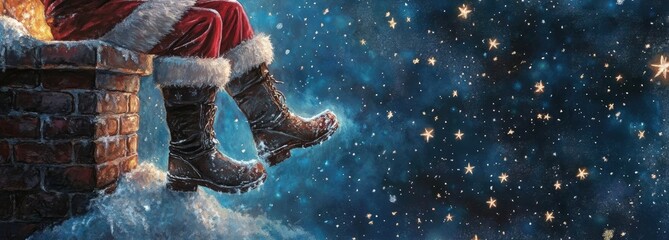 A cozy scene of Santa Claus sitting by the chimney under a starry night sky, evoking holiday warmth and festive spirit.