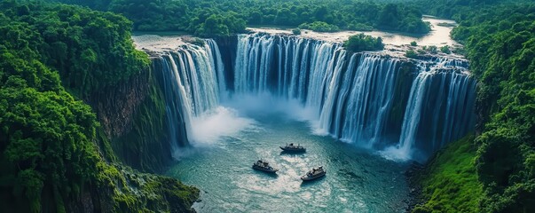 Aerial view of a massive jungle waterfall, small expedition boats navigating the river below, remote exploration, natural wonder