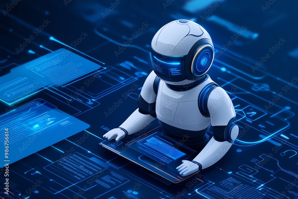 Aufkleber a white robot with a blue glowing head sits on a digital interface with its hands on a digital table