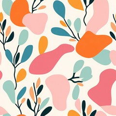 Naklejka premium A vibrant abstract Seamless, pattern featuring organic shapes and playful leaves in pastel colors, perfect for modern design projects.