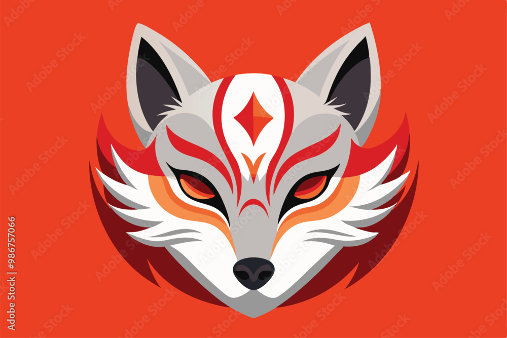 Poster a decorative kitsune mask features bold colors and detailed patterns, perfect for customization, cus
