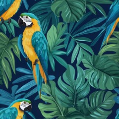 A vibrant Seamless, pattern featuring tropical parrots amidst lush green leaves, perfect for nature-inspired designs and tropical themes.