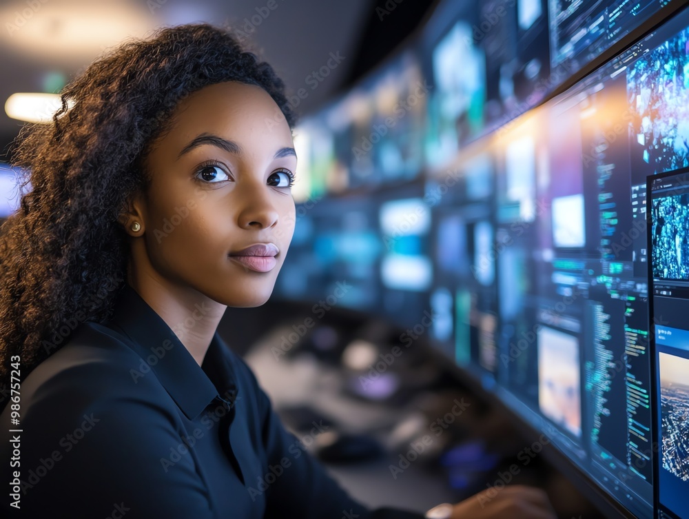Poster a young woman working in a control room with multiple computer screens displaying data, focusing on 