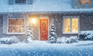 A joyful family enjoys a snowy evening together outside their cozy home, creating winter memories in a magical setting.