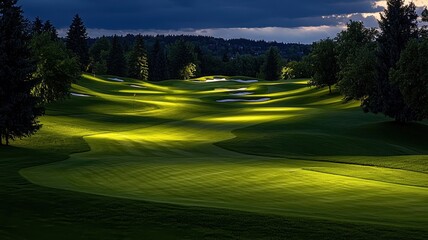 A serene golf course at dusk, showcasing beautifully illuminated fairways and lush greens under a dramatic sky.