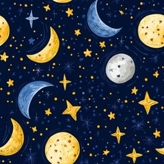 Fototapeta premium A whimsical night sky Seamless, pattern featuring moons and stars in vibrant colors, perfect for textiles or children's decor.