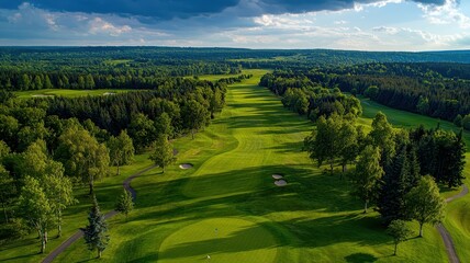 Aerial view of a lush green golf course surrounded by trees under a dramatic sky, perfect for relaxation and recreation.