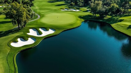 Aerial view of a picturesque golf course with lush green fairways and a tranquil water hazard, perfect for golf enthusiasts.