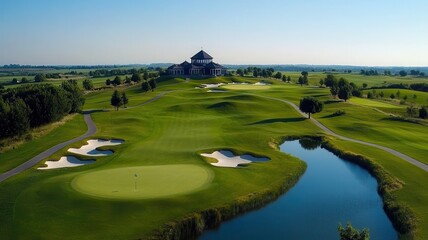 Obraz premium Aerial view of a picturesque golf course surrounded by lush greenery and a serene lake, ideal for relaxation and recreation.