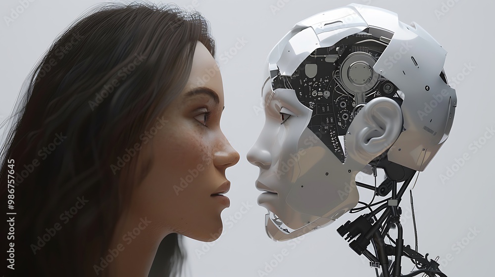 Aufkleber human woman and a robot face each other in a futuristic setting, exploring the concepts of artificia
