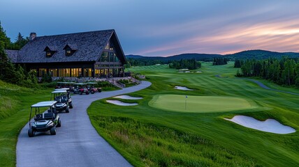 Scenic golf course at dusk featuring lush greens, golf carts, and a charming clubhouse awaiting players for an evening round.