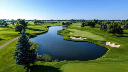 Scenic golf course landscape featuring lush greens, a serene water body, and clear blue skies, ideal for golf enthusiasts.