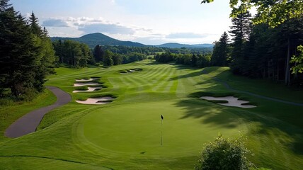 Obraz premium Scenic golf course landscape with lush green fairways, sand traps, and mountains in the background under a bright sky.