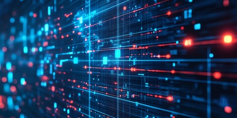 Abstract digital background with blue and red glowing lines and dots.