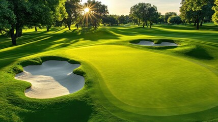 Scenic golf course with lush greens, sand traps, and sunlight peeking through the trees, perfect for golf enthusiasts and nature lovers.