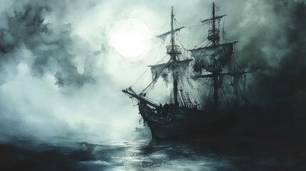 Fototapeta premium A hauntingly beautiful ship sailing through a foggy sea under a mysterious moonlight.