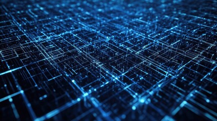 A futuristic digital landscape featuring glowing blue lines and grids, representing technology and connectivity in the cyber world.