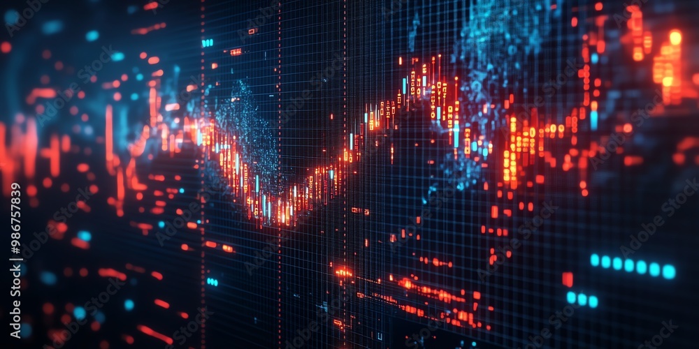 Poster abstract digital data flow with glowing red and blue lines on a dark background.