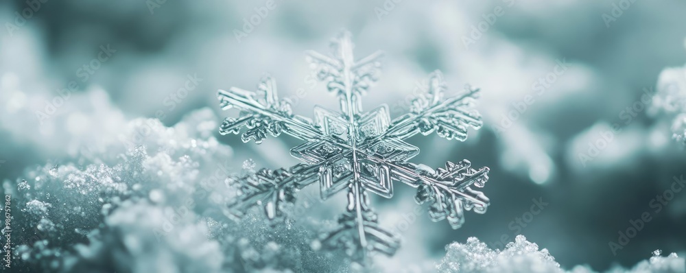 Poster a close-up of a delicate snowflake resting on soft snow, showcasing intricate patterns and shimmerin