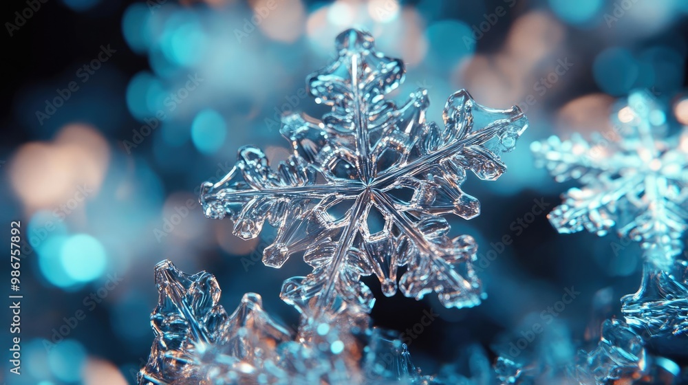 Poster a close-up view of a delicate snowflake showcasing intricate patterns against a shimmering blue back