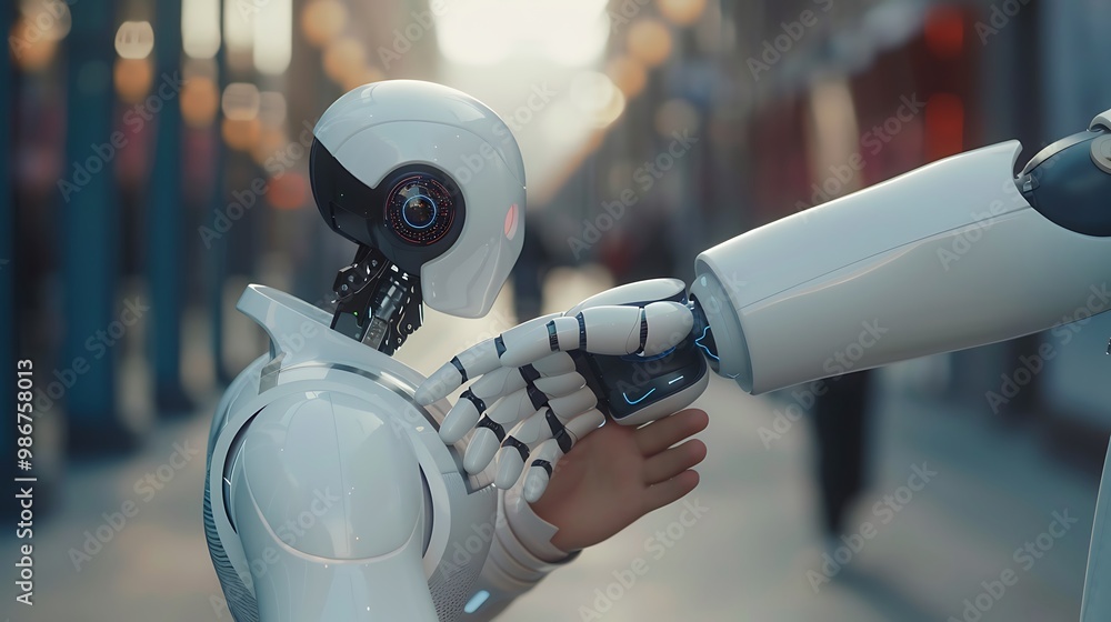 Aufkleber robot reaches out to a human, its hand extended in a gesture of friendship or connection. the image 