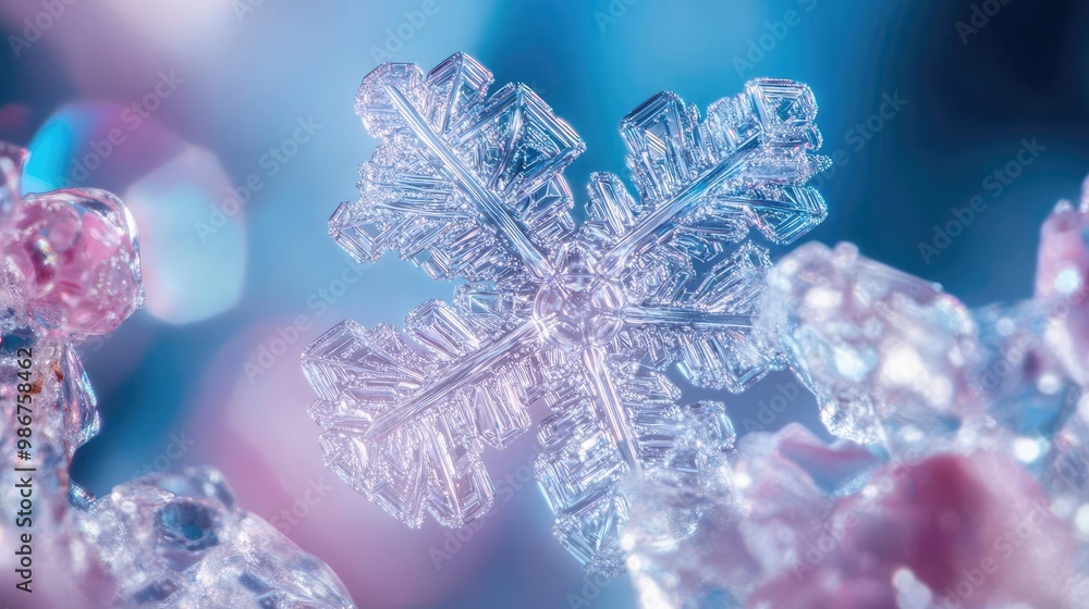 Poster a stunning close-up of a delicate snowflake showcasing intricate patterns and details against a soft