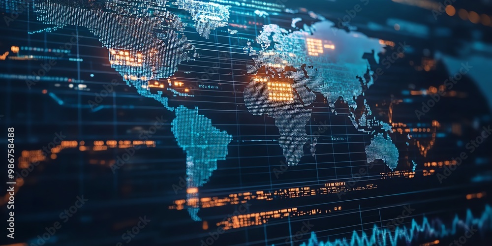 Poster abstract world map with glowing digital data overlay.