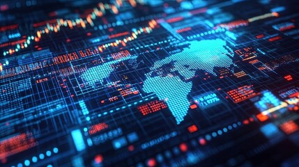 Fototapeta premium Digital World Map on a Futuristic Interface with Data and Grids