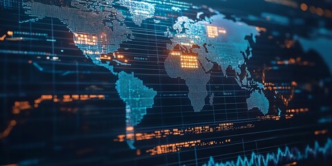 Abstract world map with glowing digital data overlay.
