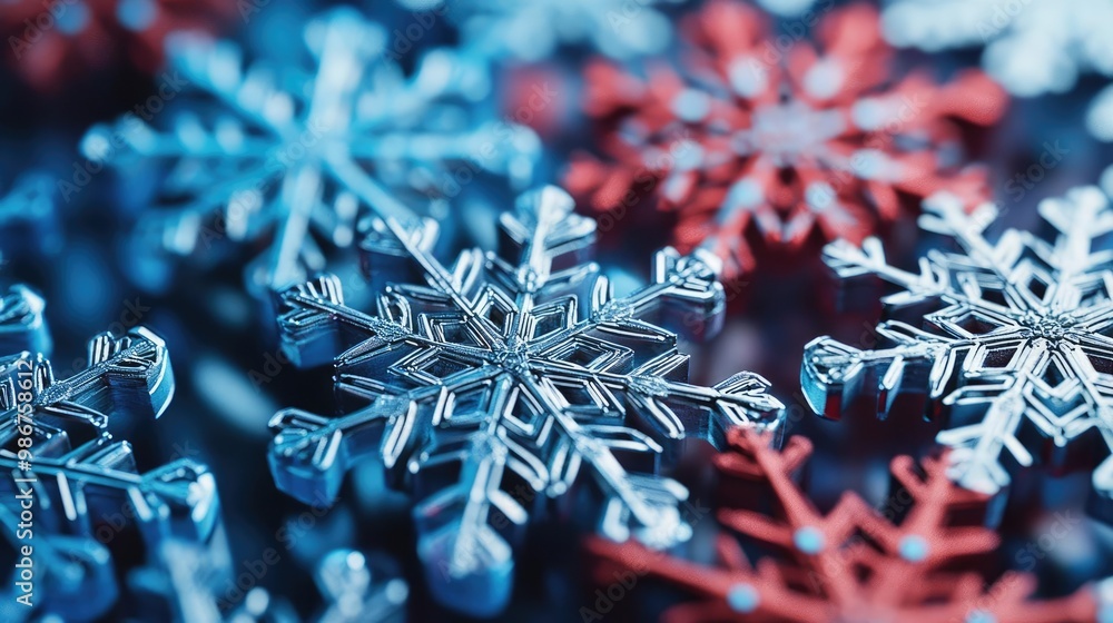 Poster close-up of intricate snowflakes in blue and red hues, showcasing delicate patterns and textures for