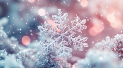 Delicate snowflake resting on soft snow, creating a magical winter wonderland with shimmering bokeh lights in the background.