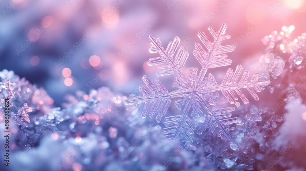 Poster beautiful snowflake resting on icy surface, showcasing intricate details and delicate patterns again