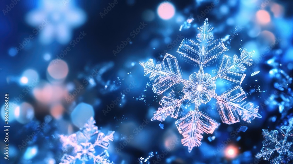 Aufkleber close-up of a delicate snowflake with shimmering blue bokeh in the background, capturing the essence