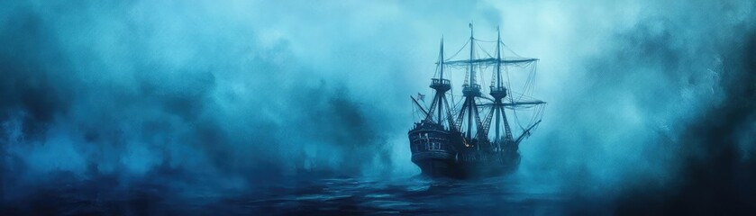 Fototapeta premium Mysterious ship sailing through a foggy ocean, evoking a sense of adventure and exploration amidst an enchanting atmosphere.
