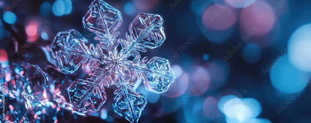 Poster a close-up of a snowflake showcasing intricate patterns, shimmering against a backdrop of vivid blue