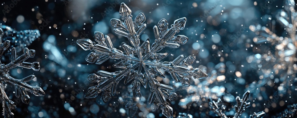 Poster a stunning close-up of a delicate snowflake, showcasing intricate patterns and sparkling details aga