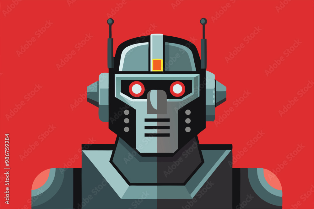 Poster a customizable flat illustration showcases a robot face with mechanical features and vibrant red bac